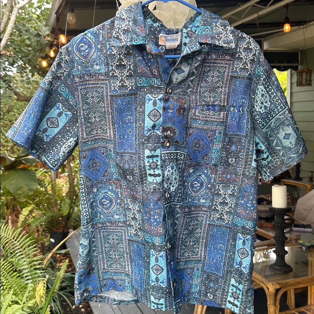 Vintage Andrade Hawaiian Shirt Luau Tiki Mens M multi blue print aloha 60s ?